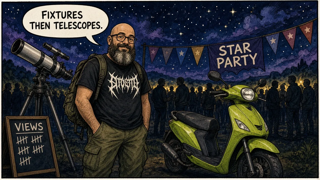 HOST at a telescope line during Star Party with a visitor counting telescope views