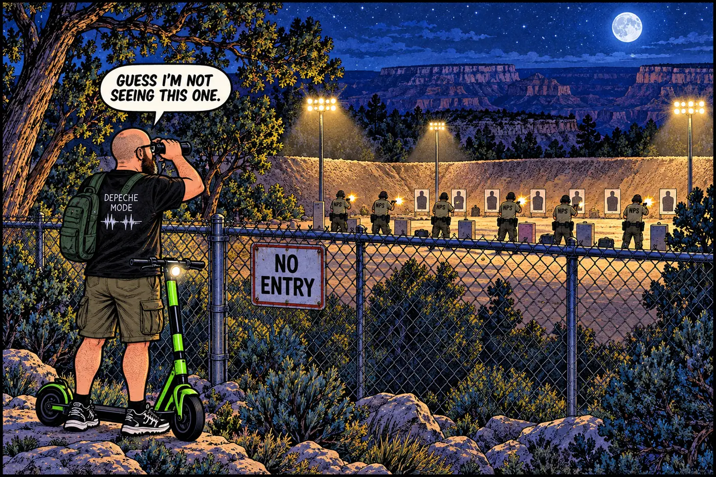 Comic panel of a line of rangers on a firing range at night under floodlights while a curious tourist peers over a distant fence