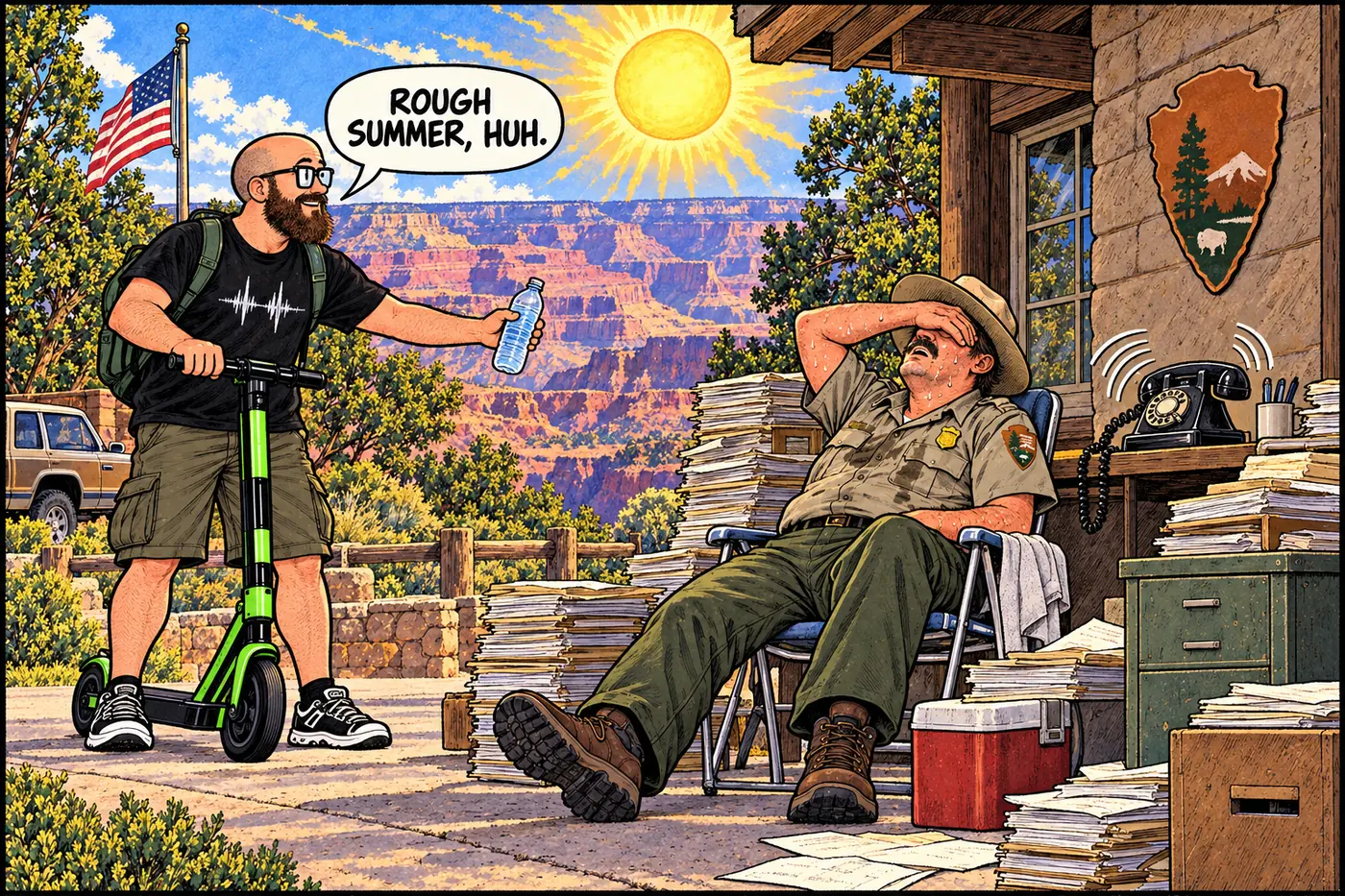 Comic panel of an exhausted 1990s park ranger surrounded by stacked search-and-rescue paperwork under a blazing sun