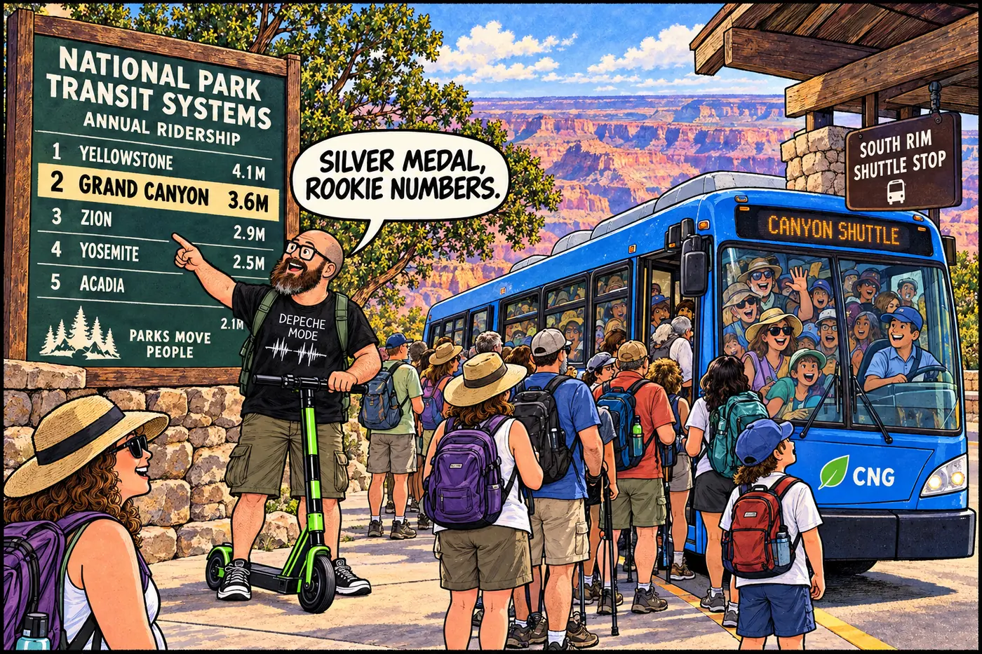 Cartoon of an overflowing shuttle bus at Grand Canyon Village with a giant scoreboard behind it showing park transit systems ranked by annual ridership