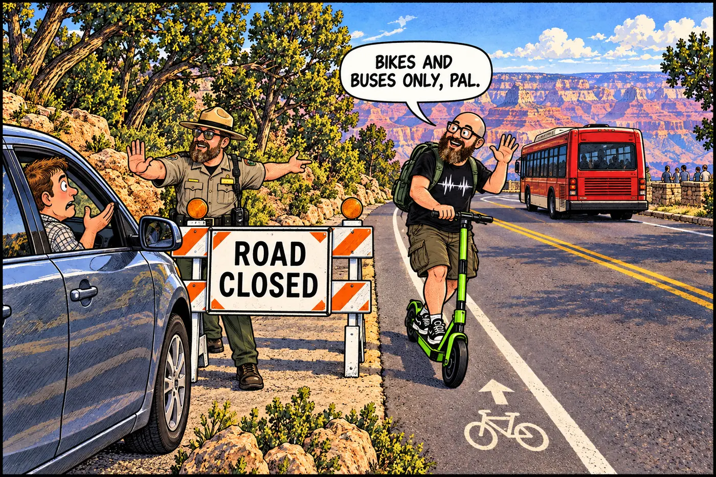 Cartoon of a lone private car turned away by a road-closed barricade on Hermit Road while a shuttle bus drives past freely into the scenic overlooks