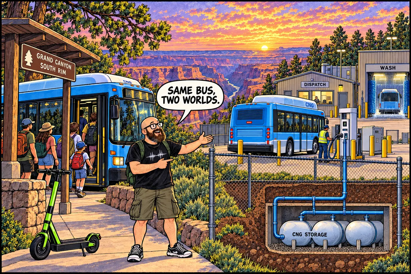 Labeled cutaway illustration of a compressed natural gas shuttle bus at a South Rim stop next to a fenced dispatch compound with a fuel tank and maintenance bay