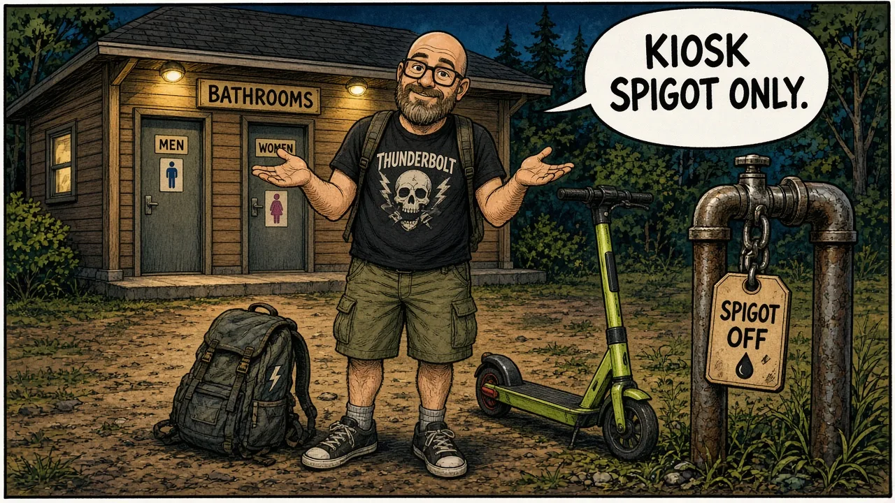 HOST at a campground looking at a locked spigot while bathroom lights stay on