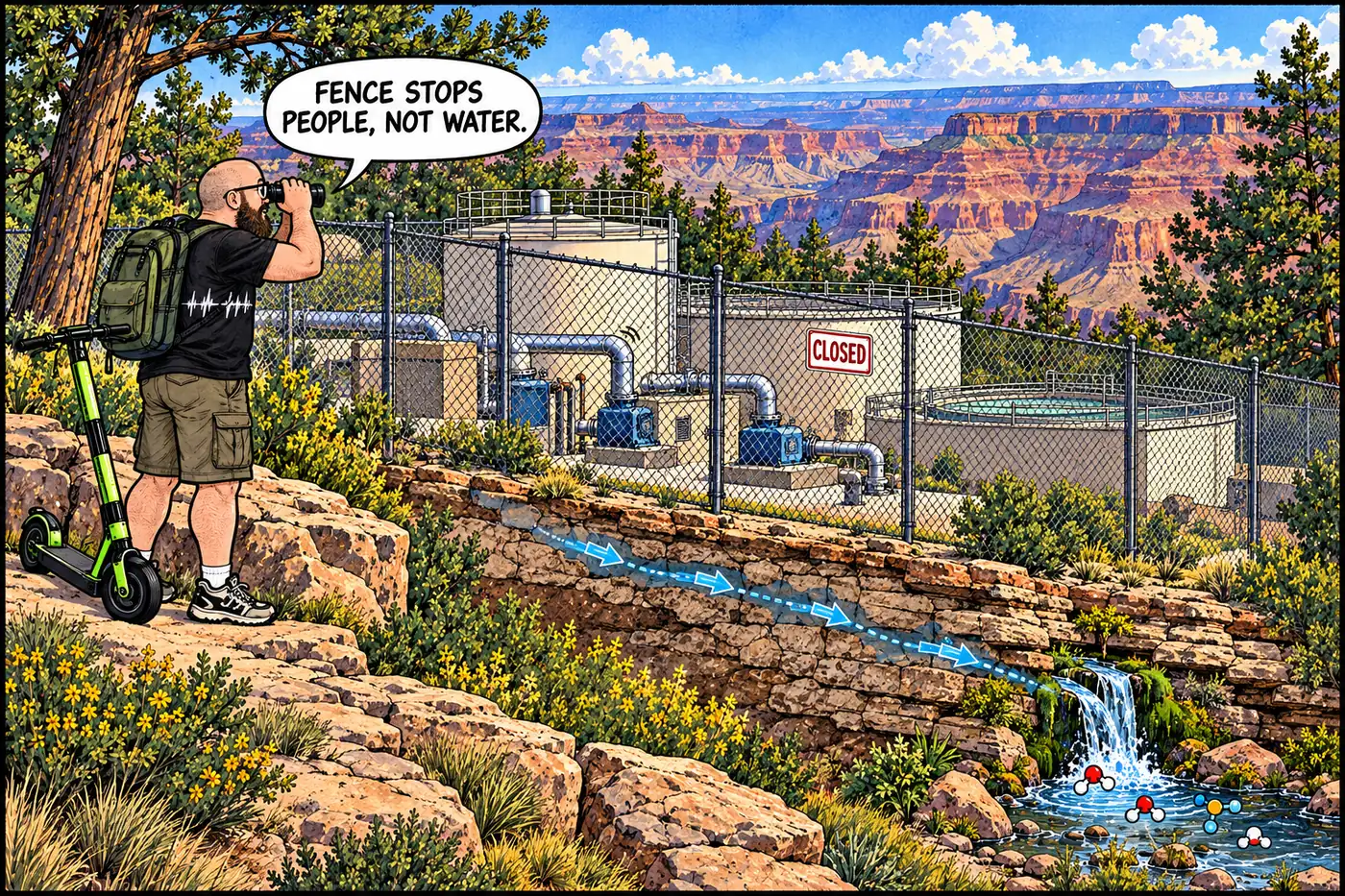 Cartoon of the HOST peering through a chain-link fence at the humming South Rim wastewater plant with a small spring bubbling nearby downhill