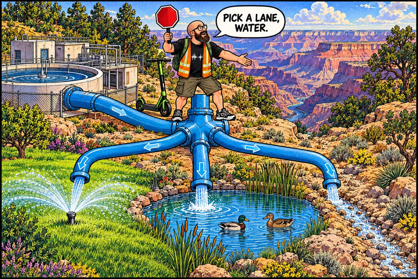 Cartoon diagram of a pipe splitting into three cartoonish paths labeled reuse, lagoon, and wash, with the HOST directing traffic like a crossing guard