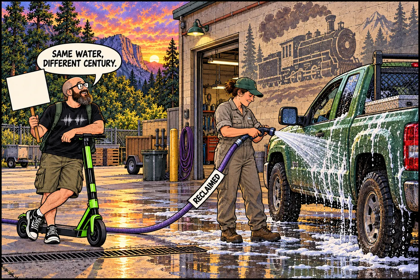 Cartoon of a National Park Service maintenance worker washing a truck with a garden hose labeled RECLAIMED under a 1920s-style water tower, with an old steam locomotive faintly visible in the background
