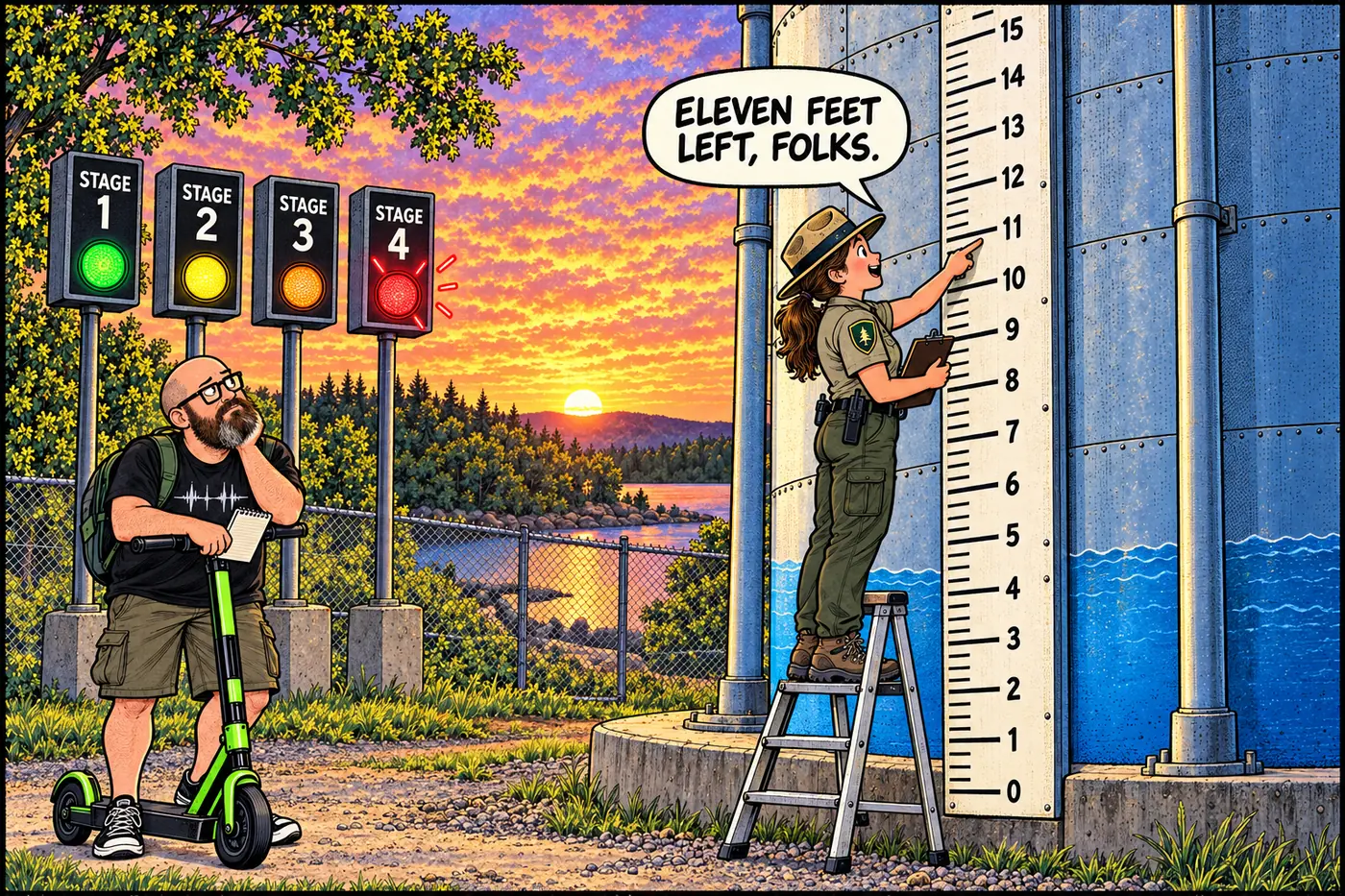 Cartoon of a park ranger reading a giant ruler-style gauge stuck into a water tank, with numbered restriction stage signs lined up behind her like a traffic light