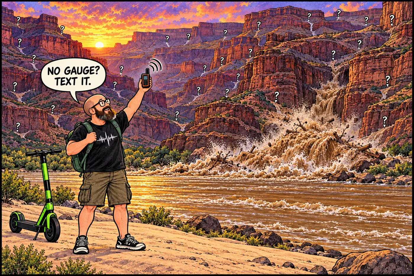 Comic panel of the HOST on a satellite messenger device reporting a distant flash flood while hundreds of tiny dry side canyons crowd the background with question marks over them