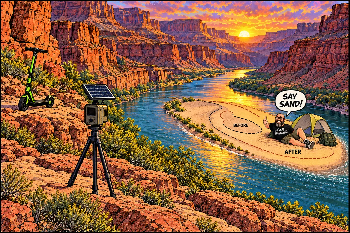 Comic panel of a lonely solar-powered camera on a tripod photographing a growing sandbar while the HOST poses proudly on the fresh sand beside a tiny camping tent