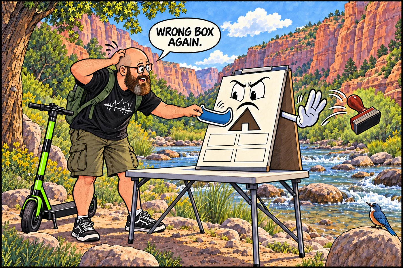 Bearded host compares a boat permit with a backpacker permit beside a blank campsite checklist