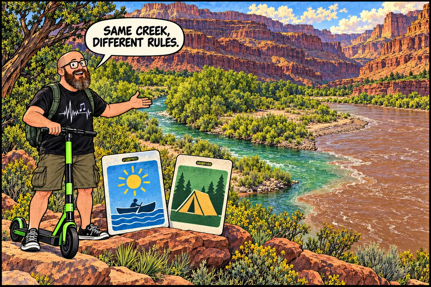 Illustrated creek entering a larger river, with distinct day-visit and backpacker camping panels and no route markings