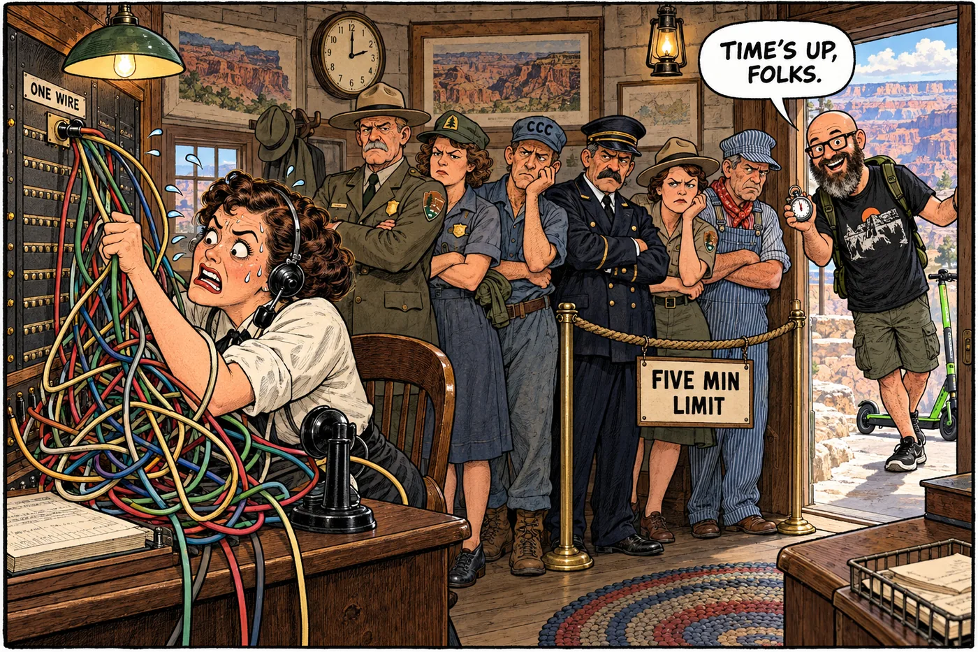 Comic panel of a 1930s Park Service switchboard operator overwhelmed by too many phone cords plugged into one overloaded circuit while a line of people wait