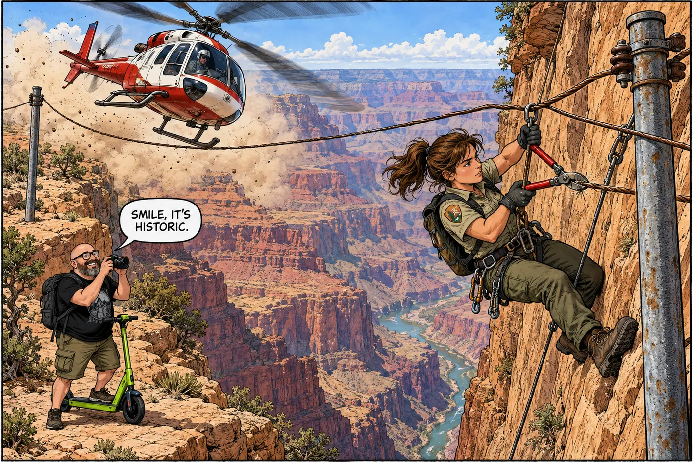 Comic panel of a ranger dangling from a cliff carefully snipping old telephone wire while a small rescue helicopter banks sharply overhead to avoid it