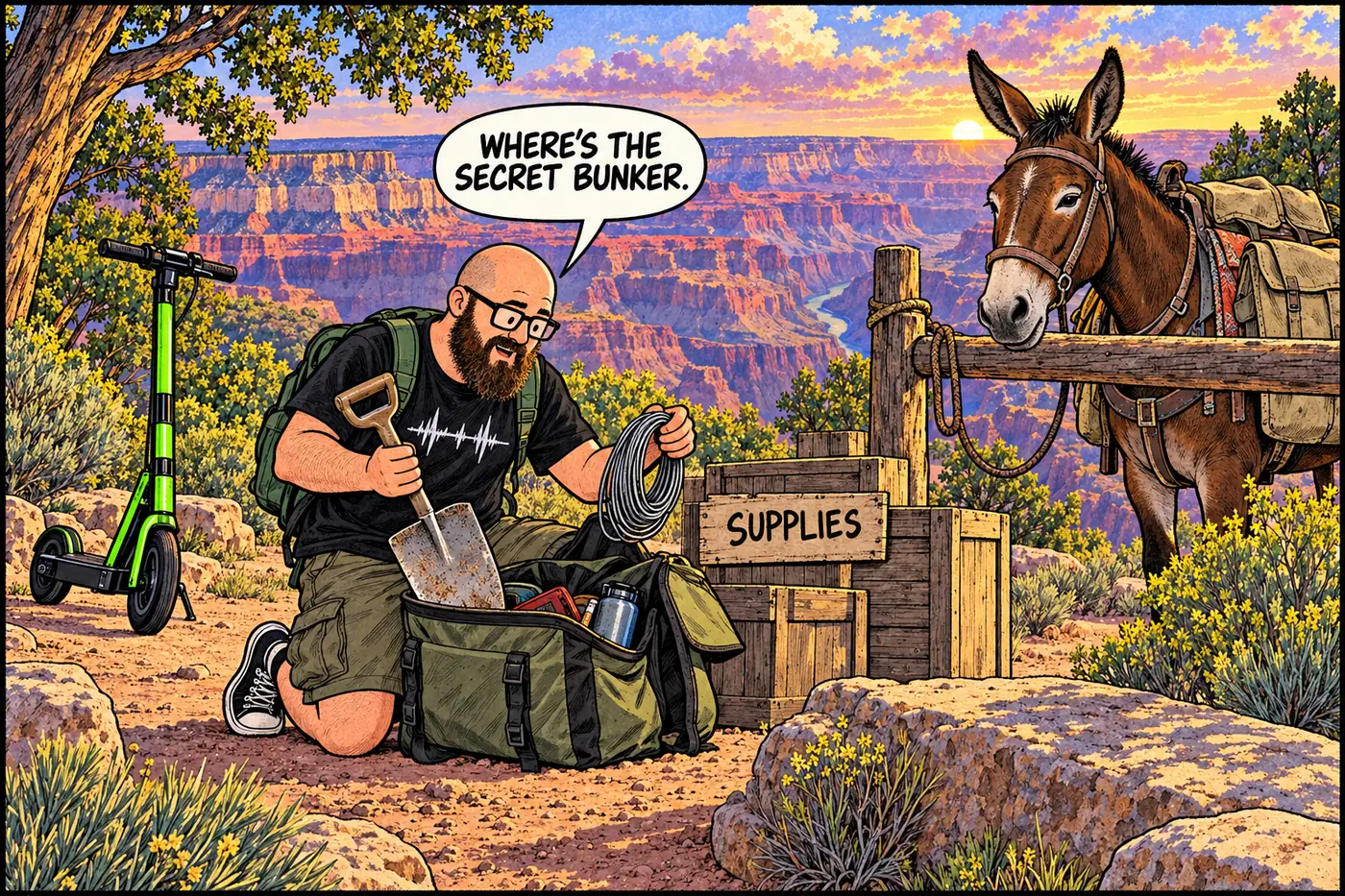 Cartoon of the host digging through a mule's cargo panniers looking for a labeled emergency cache box and finding only ordinary tools