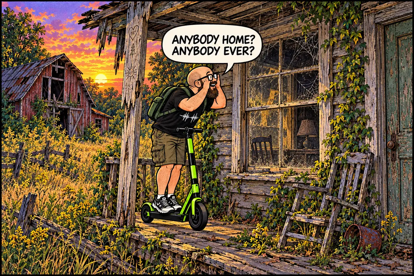 Cartoon of the host peering through a dusty window of an abandoned ranger station cabin with cobwebs and old carved initials on the porch beam
