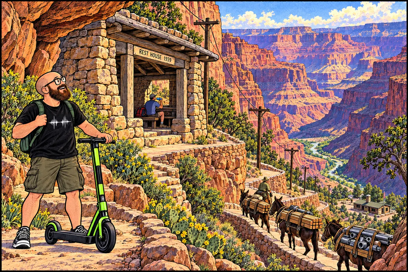 Labeled cutaway illustration of a canyon trail showing a stone CCC rest house, a mule supply train, and a ranger station connected by a telephone line