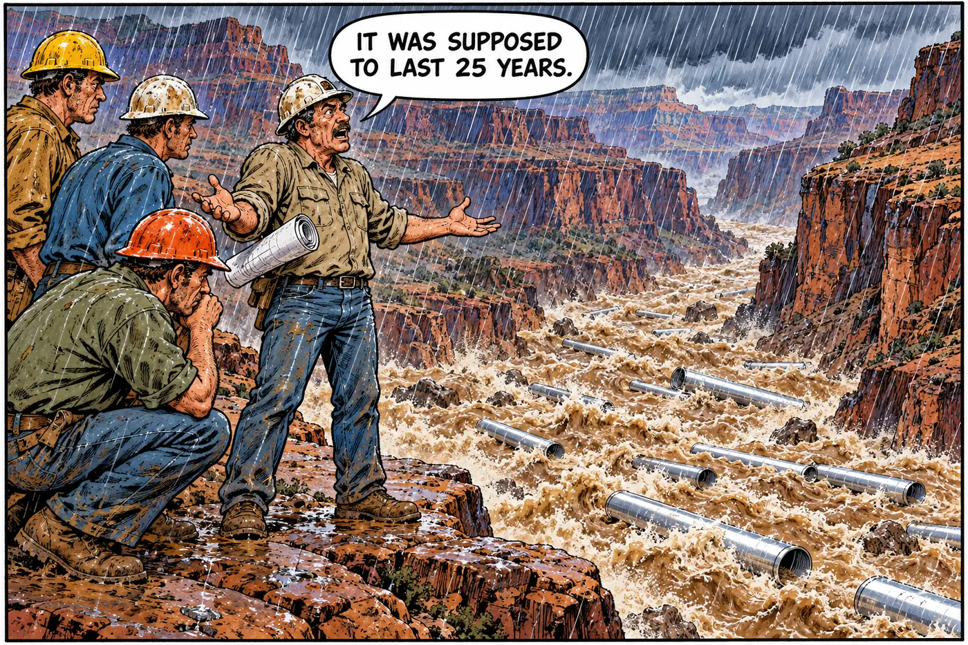 A 1960s construction crew in the rain watches a flash flood carry away brand-new aluminum pipe.