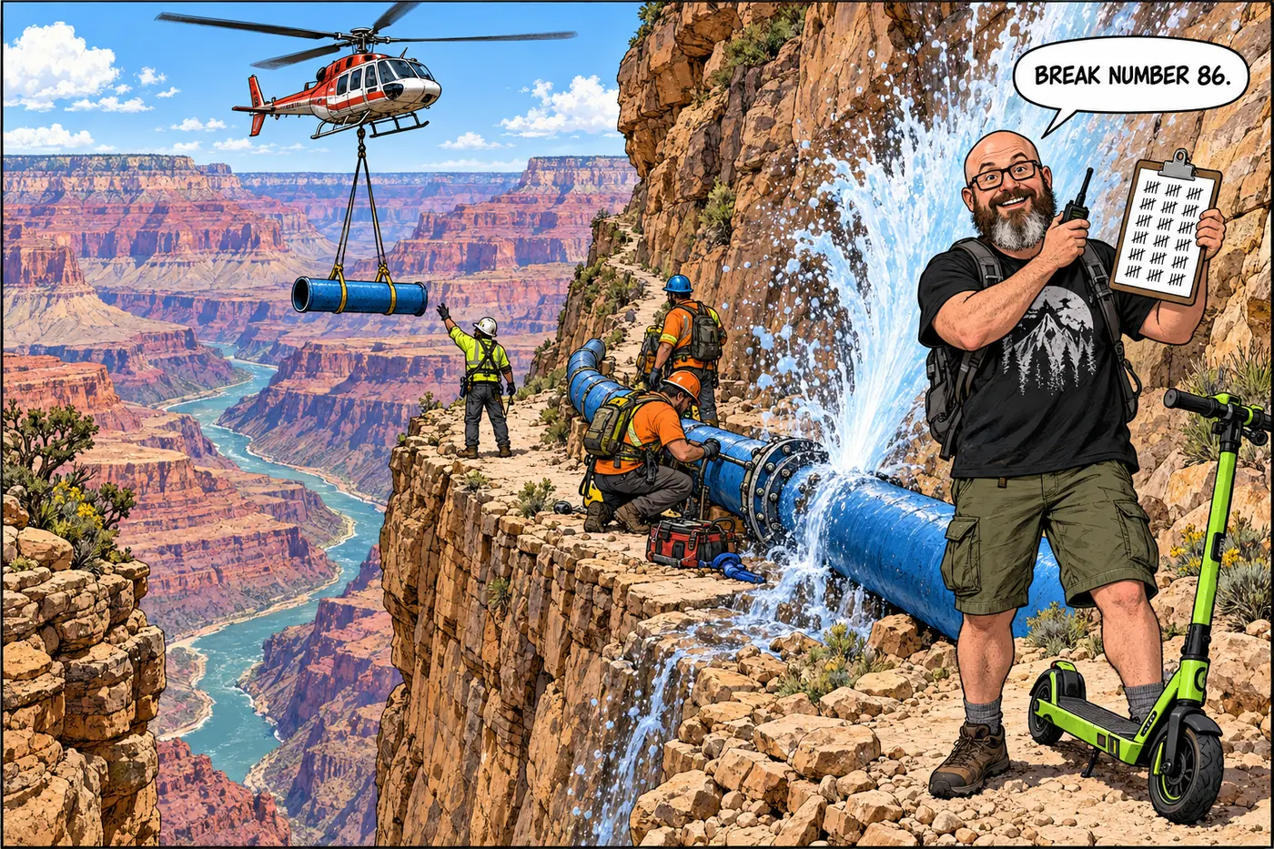 A helicopter lowers a replacement pipe section to a repair crew on a cliff trail while the host tallies breaks on a clipboard.