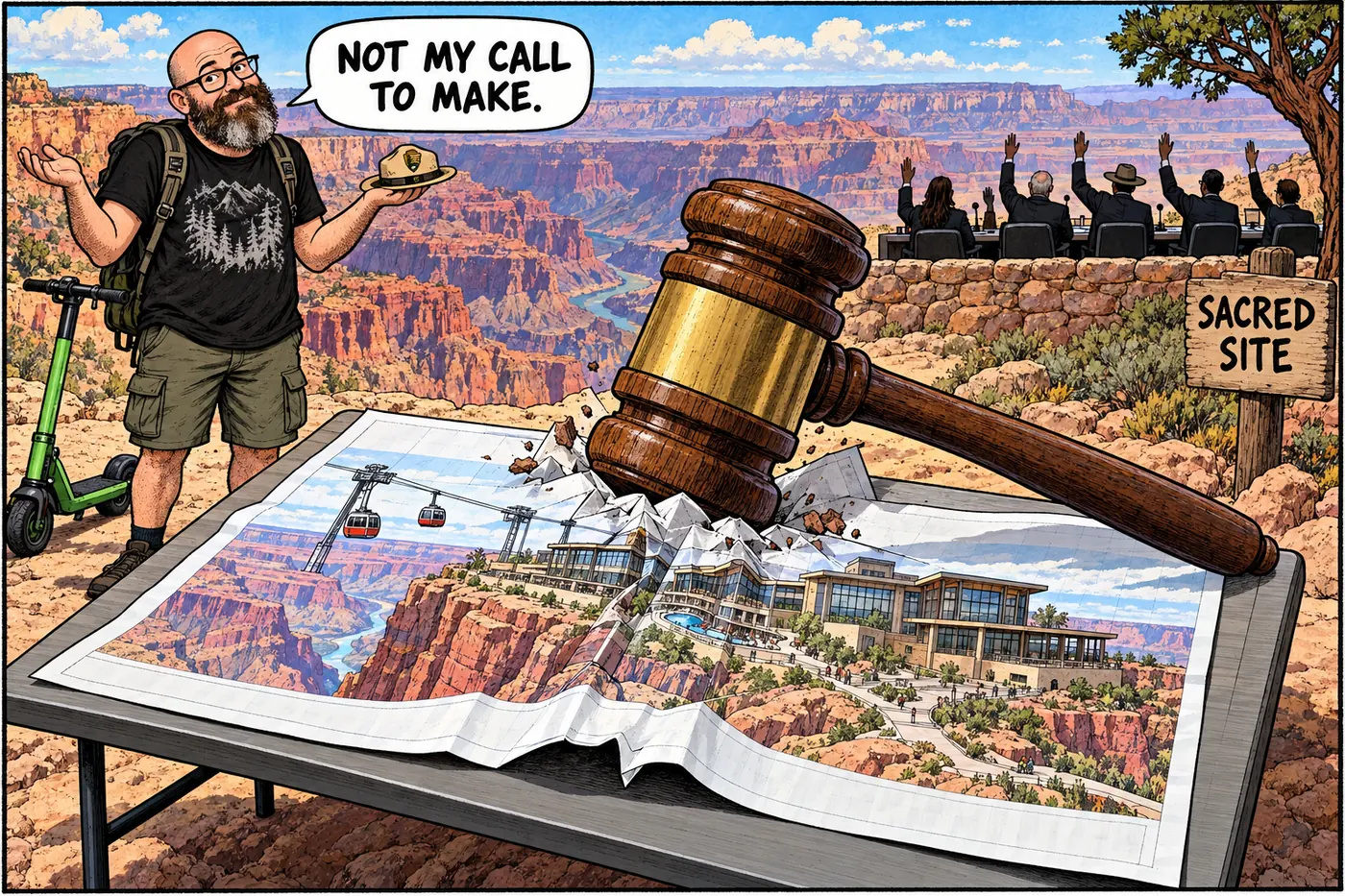 Cartoon of a giant illustrated tramway blueprint being crumpled up by a tribal council gavel at a canyon rim confluence overlook