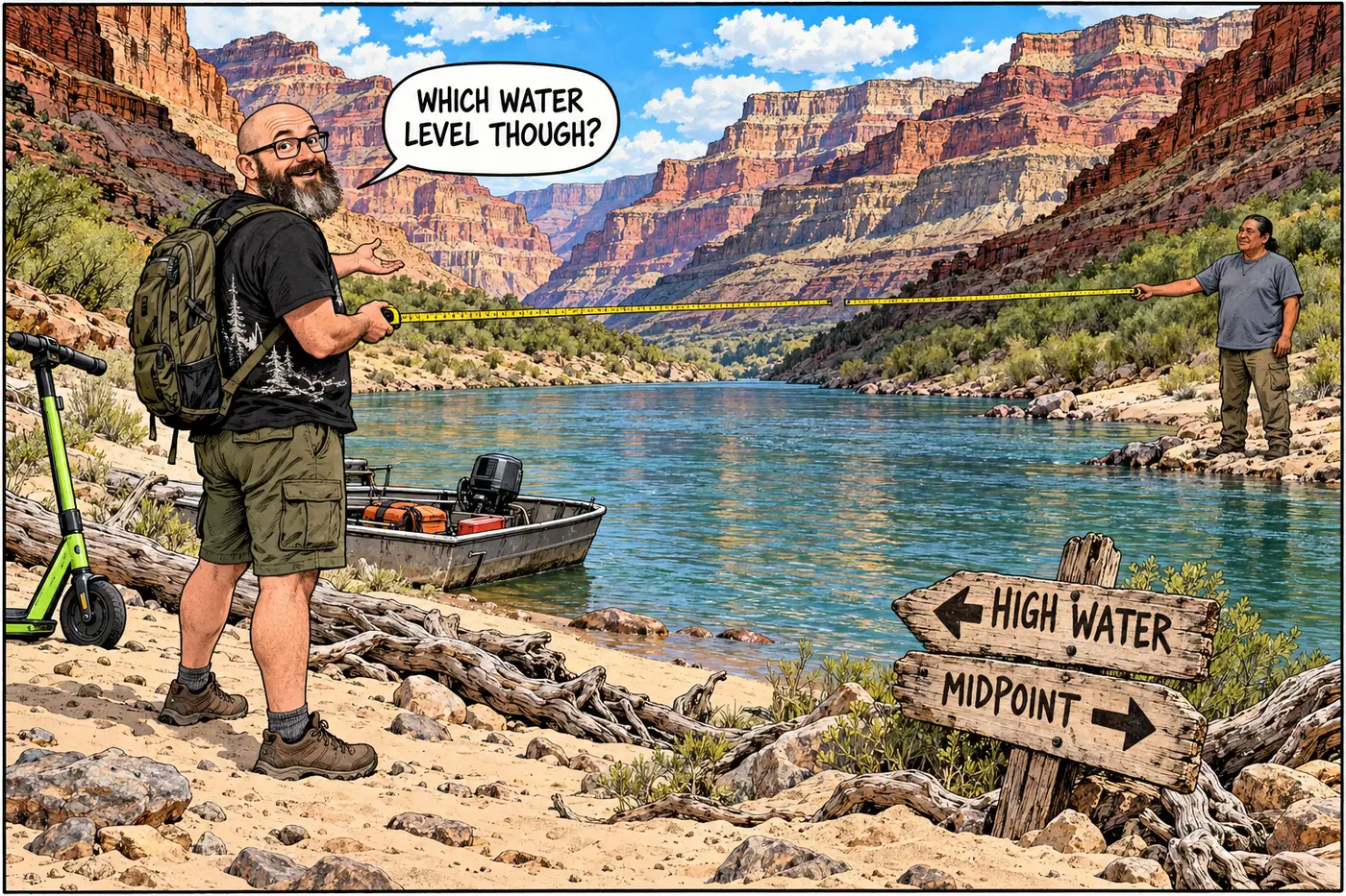 Cartoon of a park ranger and a Hualapai tribal official standing on opposite banks of the Colorado River arguing over a tape measure stretched across the water