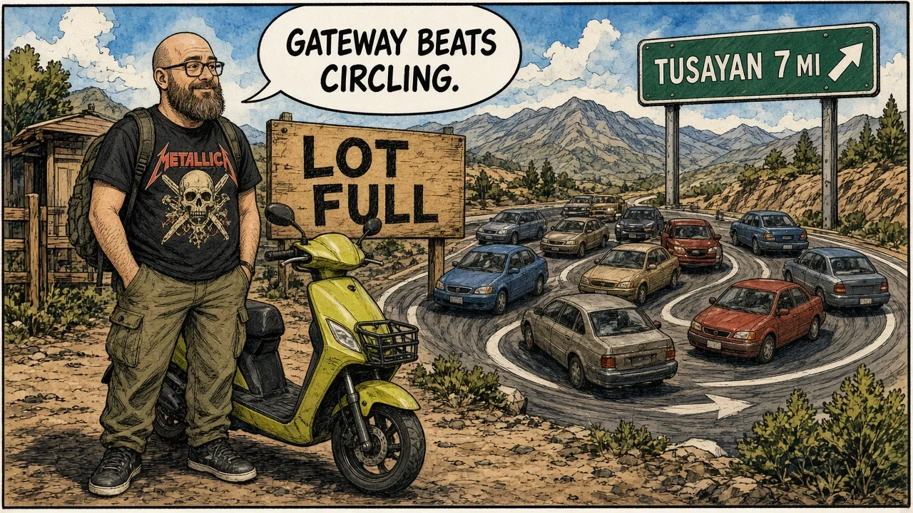 HOST staring at a LOT FULL sign at Visitor Center Lot 2 while pointing toward Tusayan