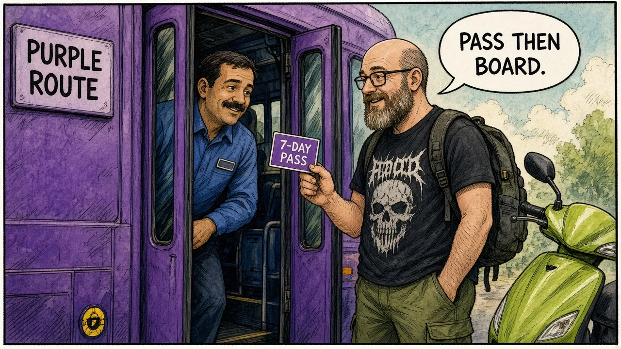 HOST showing a park pass to board the Purple bus at an IMAX stop