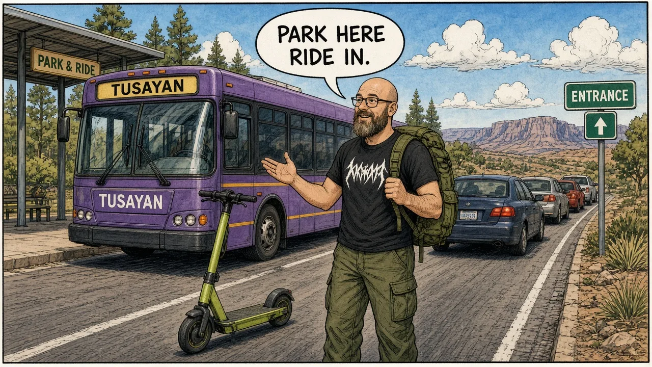 HOST boarding a purple gateway shuttle in Tusayan while cars queue at a park entrance gate