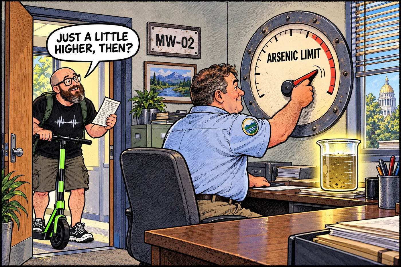 Cartoon of a state regulator adjusting a dial labeled arsenic limit upward while a beaker of water glows ominously on a lab bench
