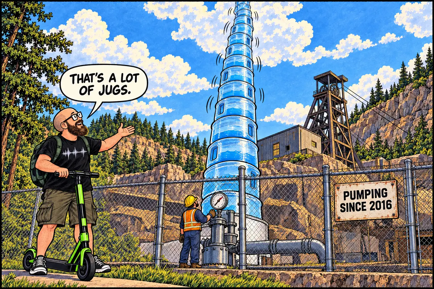 Cartoon of the HOST standing next to an enormous stack of water jugs labeled in millions of gallons outside a mine shaft