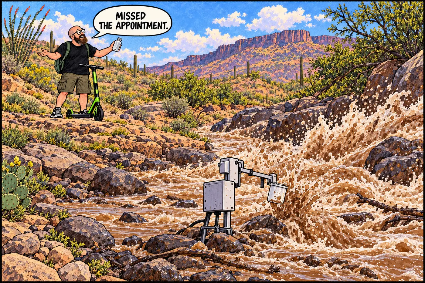 A flood-fed tributary fills a sampler while the host arrives too late with an empty bottle.