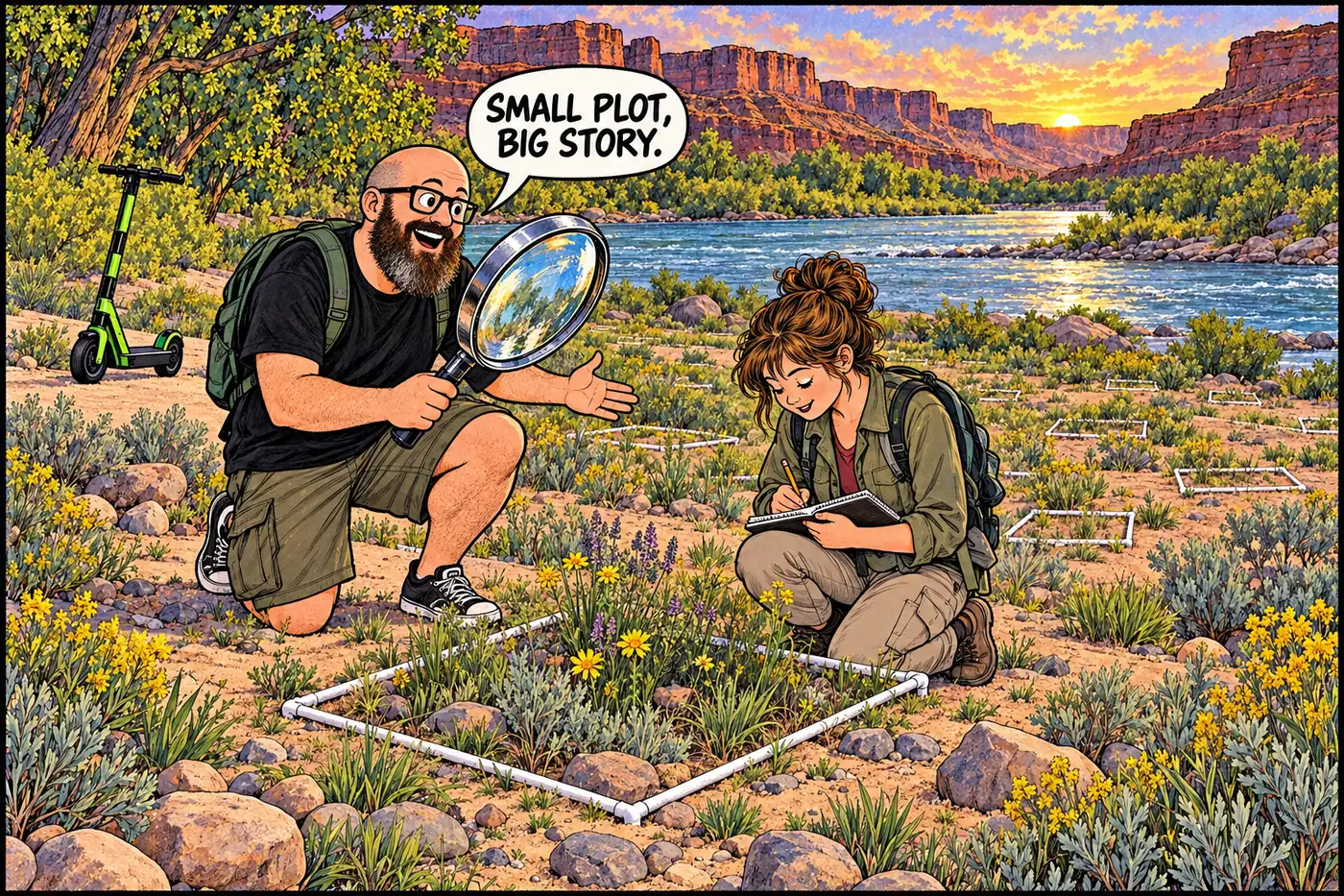 The host counts plants in a tiny square while a broad river corridor stretches behind him.