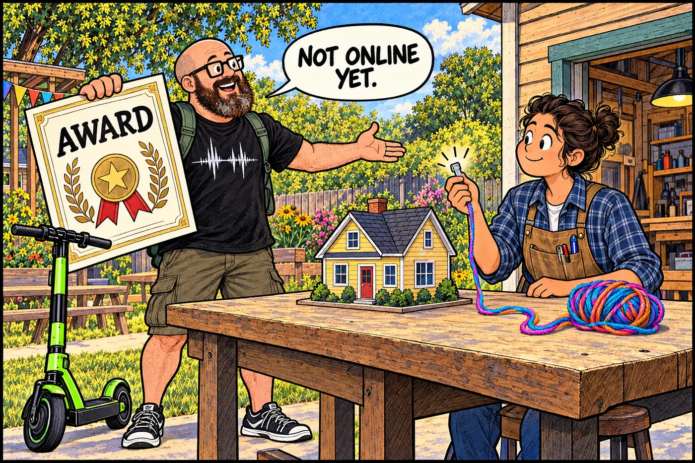 Host holds a large grant certificate while a telecom worker points to a still-unconnected model home