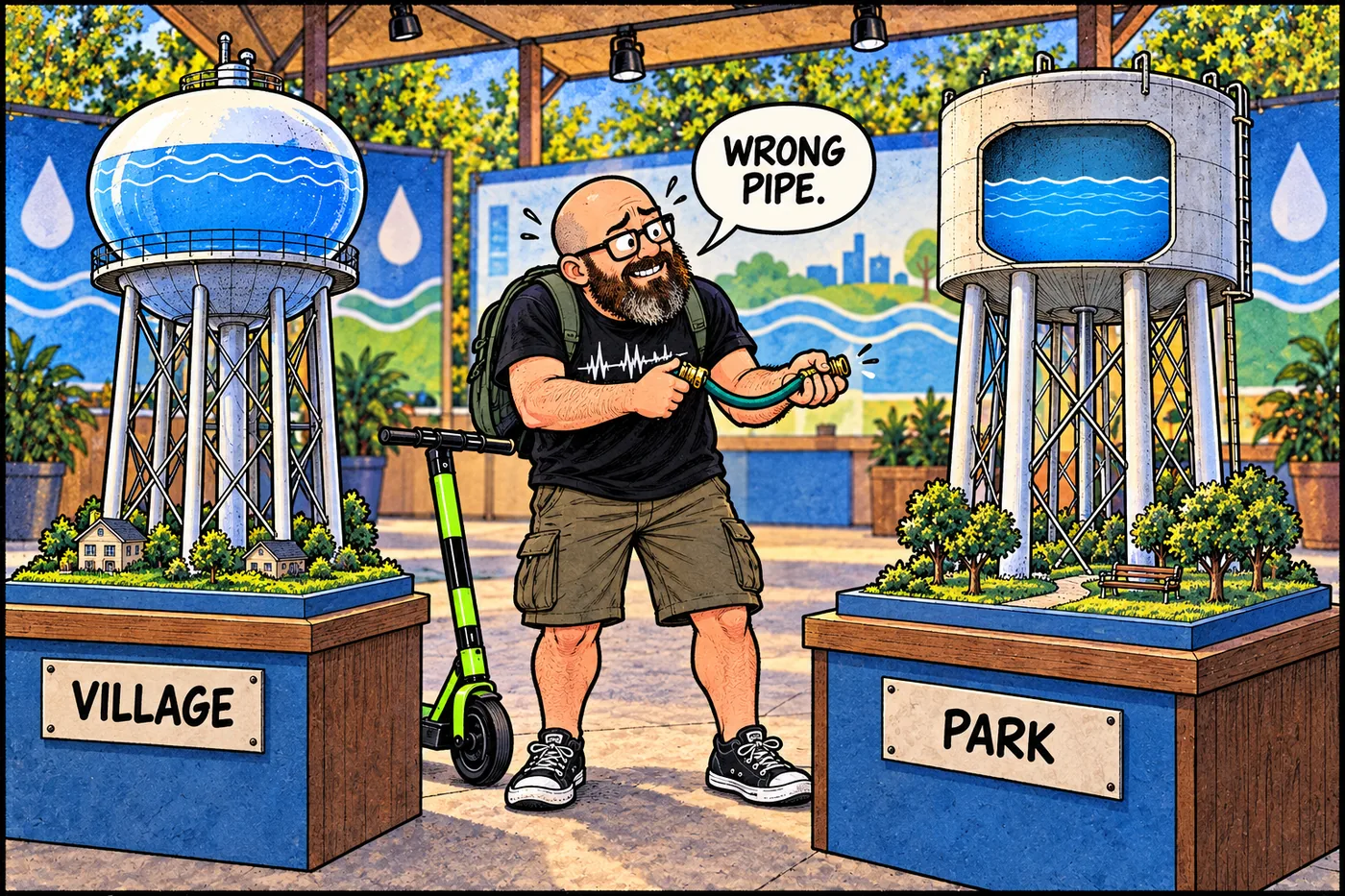 Host studies separate village and park water tanks while a tiny clipboard sketch incorrectly joins the pipes