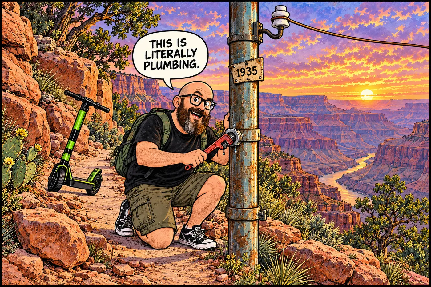 Cartoon of the HOST examining an old telephone pole made from screwed-together plumbing pipe, holding a wrench up to it like he's checking for a leak