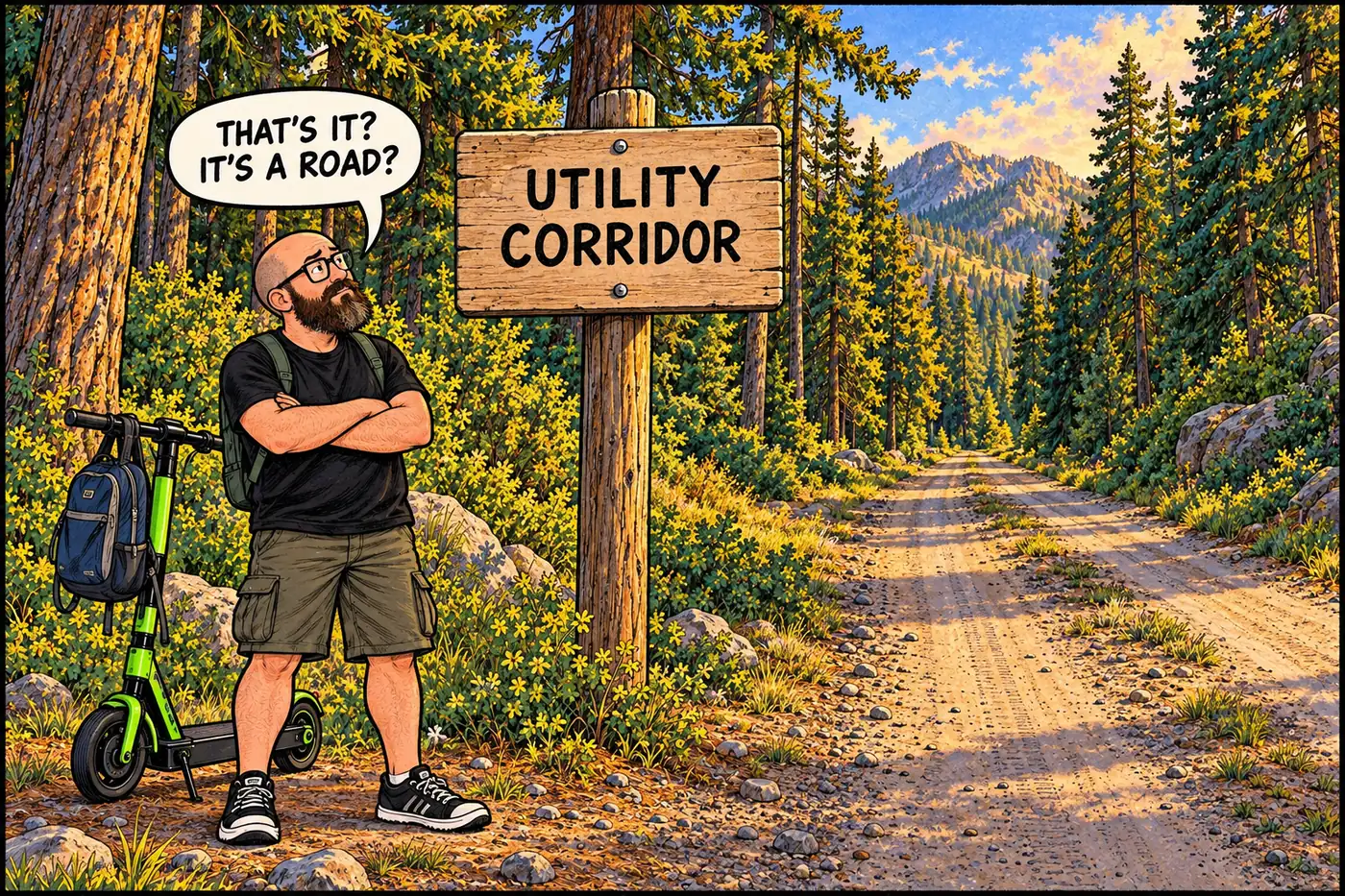 Cartoon of the HOST looking disappointed at a plain wooden forest road marked UTILITY CORRIDOR, having expected something more dramatic