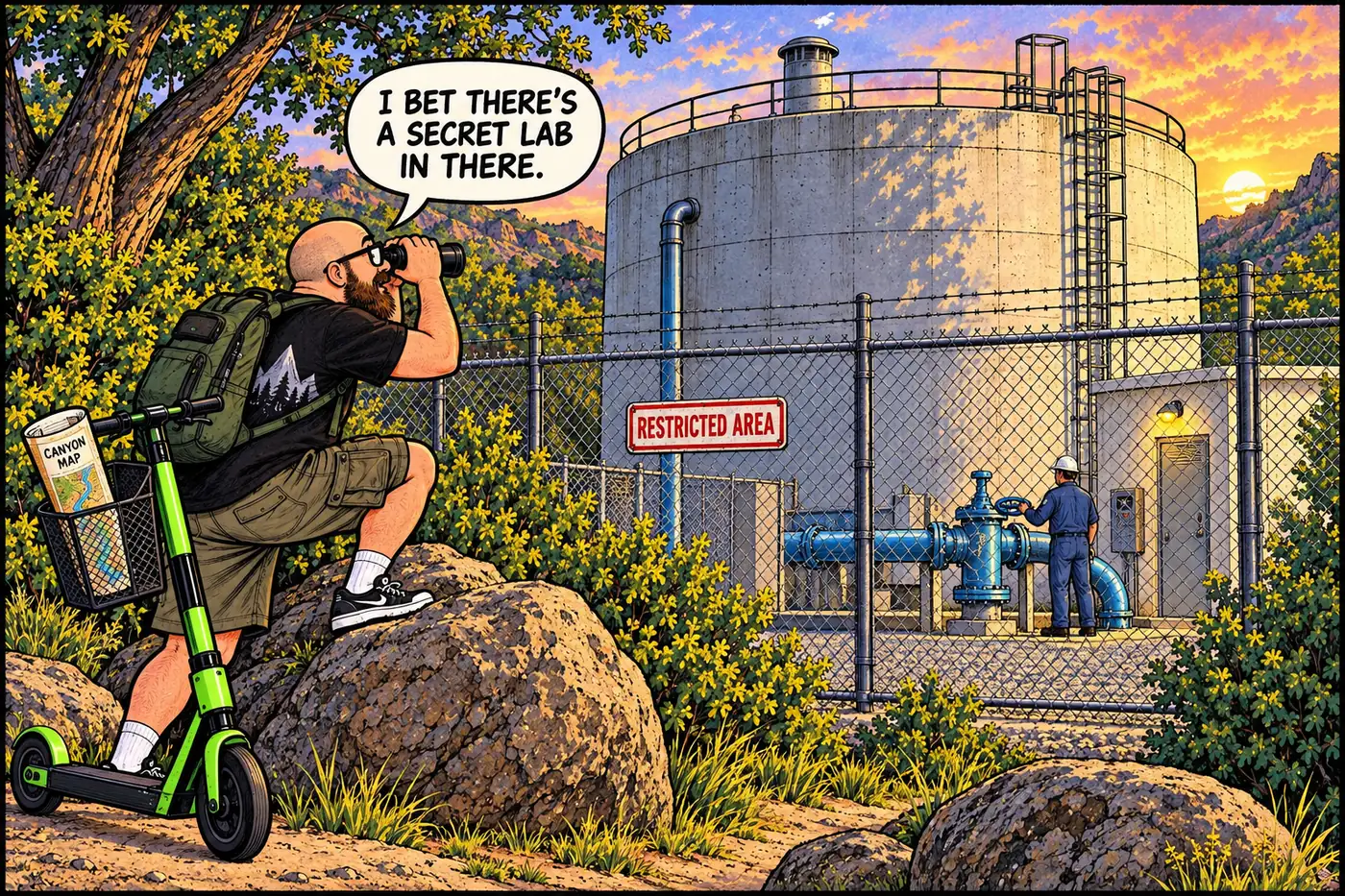 A bearded man in glasses peers dramatically through binoculars at a fenced water tank while a bored maintenance worker calmly checks a valve inside the fence