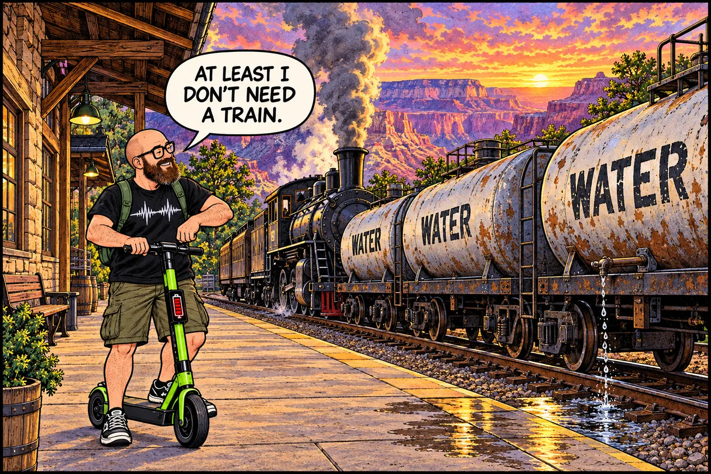 A bearded man in glasses watches a vintage steam train unload dripping water tank cars at the old Grand Canyon depot, glancing unbothered at his low-battery e-scooter