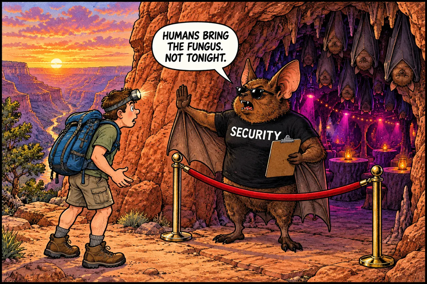 A bat in sunglasses and a security shirt blocks a hiker at a velvet rope across a cave entrance.