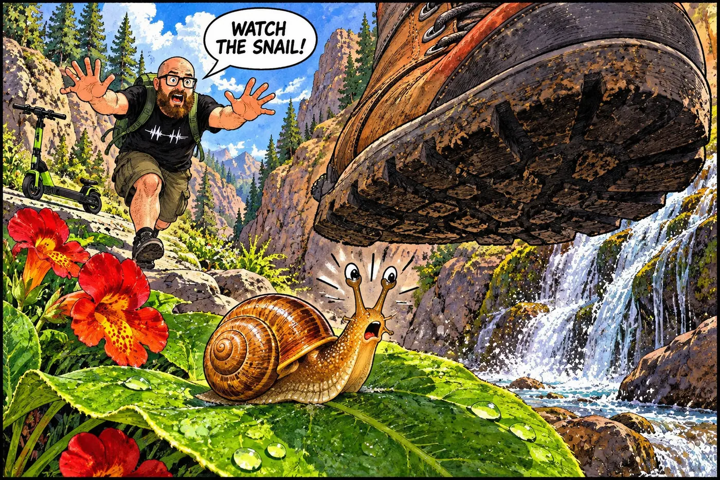 A tiny amber snail on a leaf looks up at a hiking boot about to step on it while the host sprints to stop it.