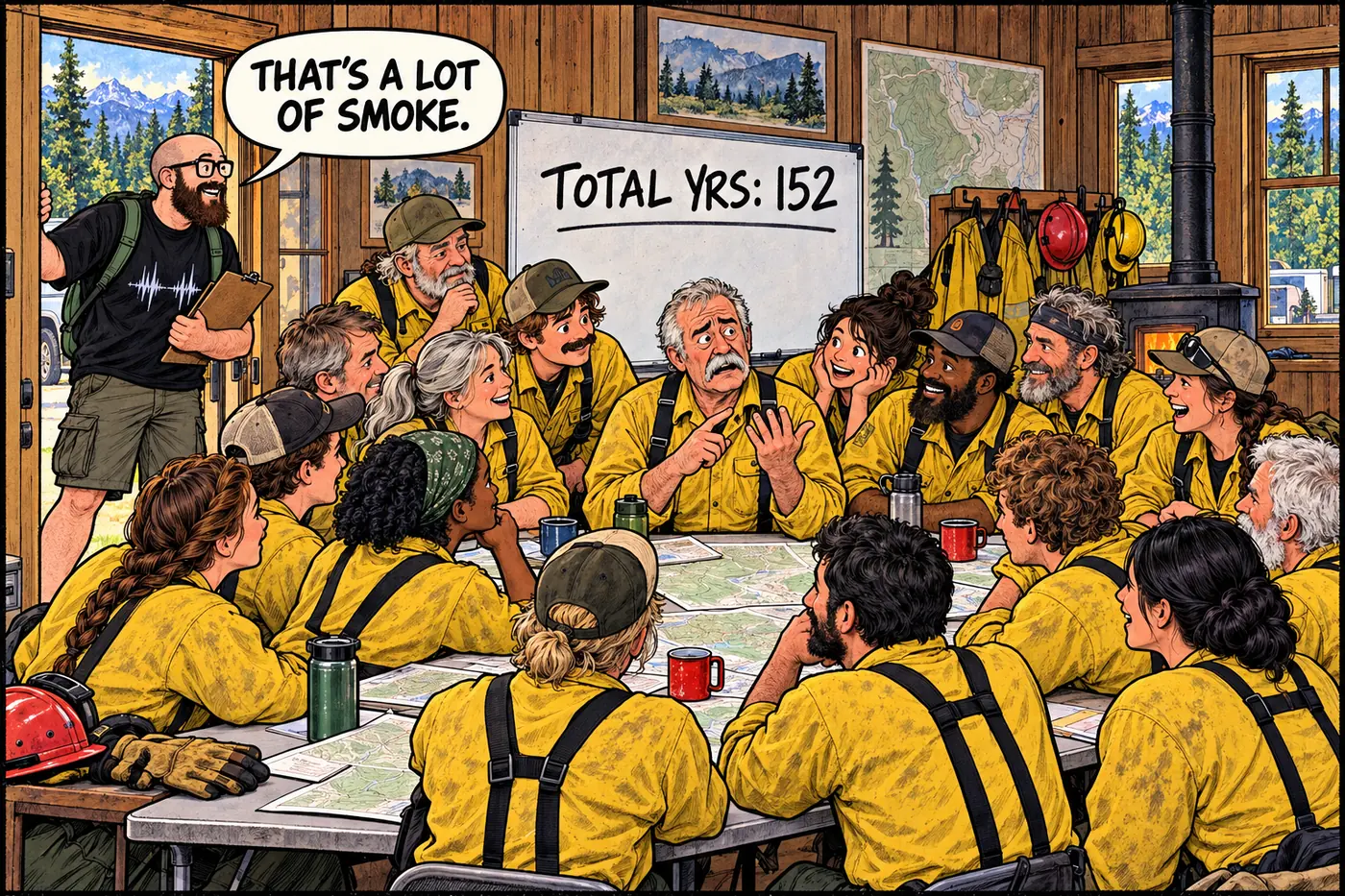 Comic panel of sixteen grizzled wildland firefighters of varying ages crowded around a folding table covered in maps, one elderly firefighter holding up fingers trying to count something