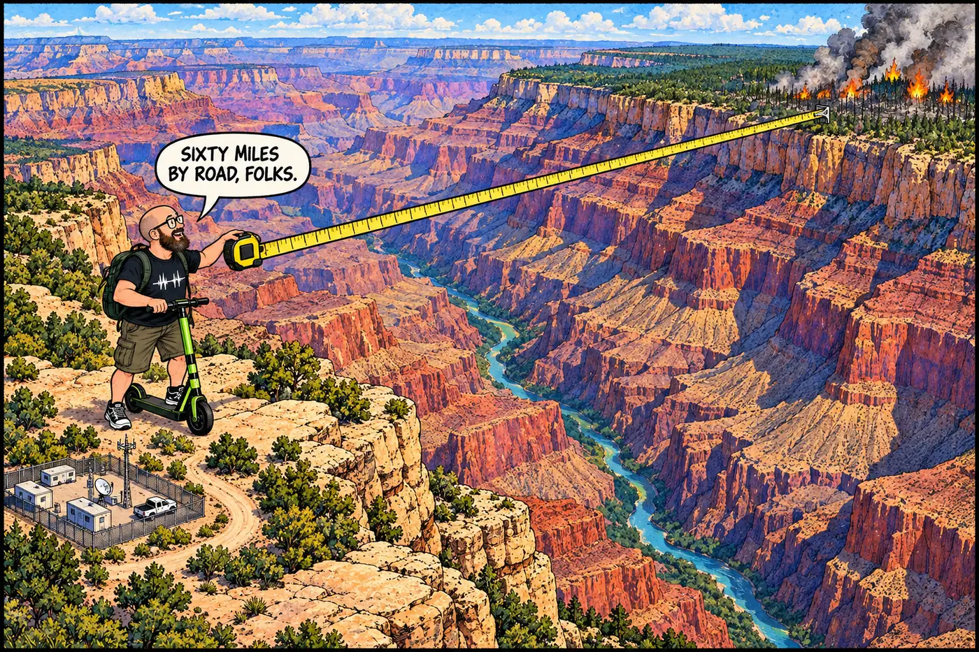 Comic panel of a giant illustrated canyon-rim map showing a huge gap between a burning North Rim forest icon and a small fenced South Rim compound icon, with a tiny measuring tape stretched between them