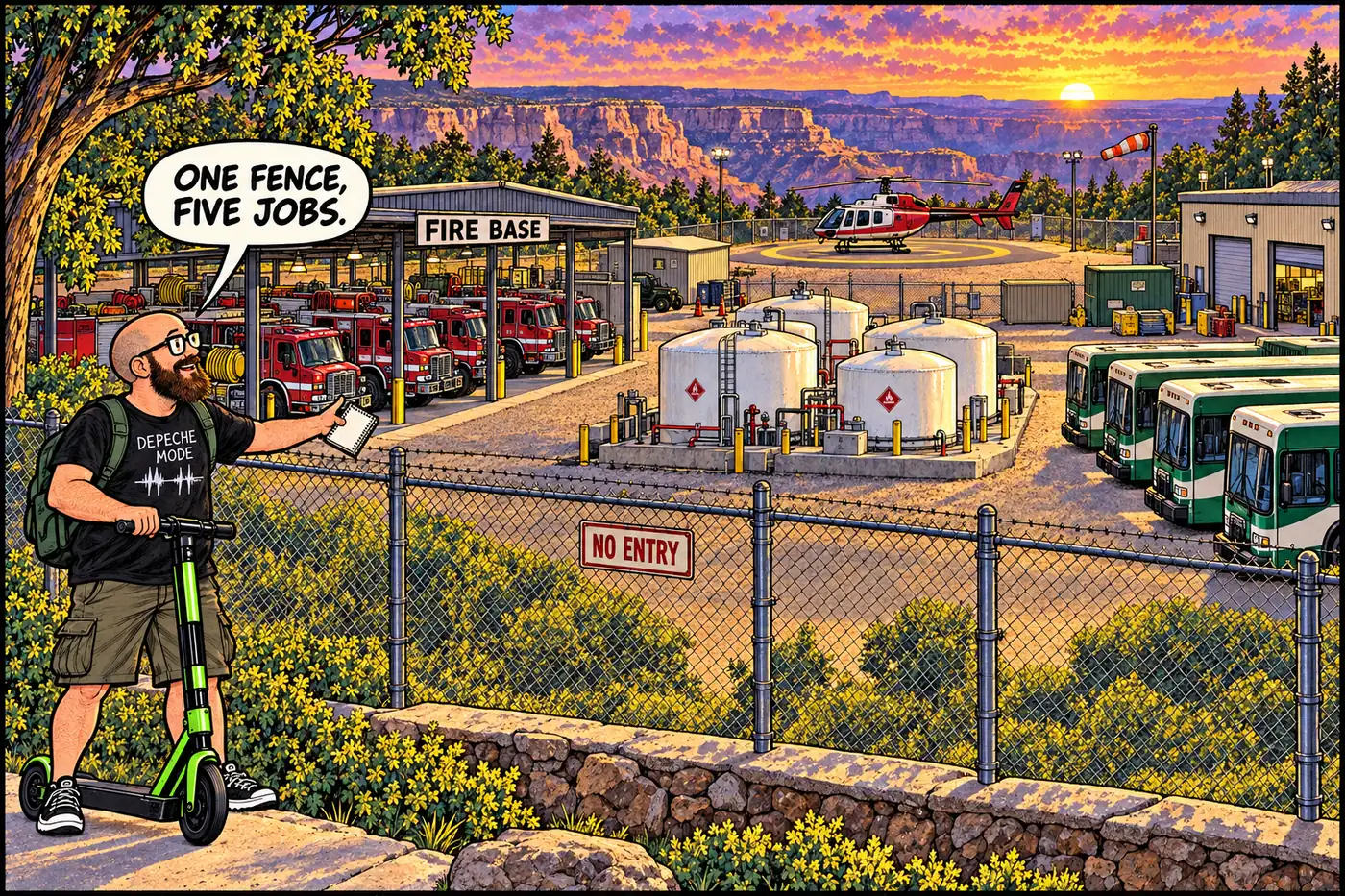 Cutaway illustration of a fenced South Rim government compound showing a wildland fire engine bay, fuel tanks, a shuttle bus barn, and a helicopter pad side by side behind chain-link fencing