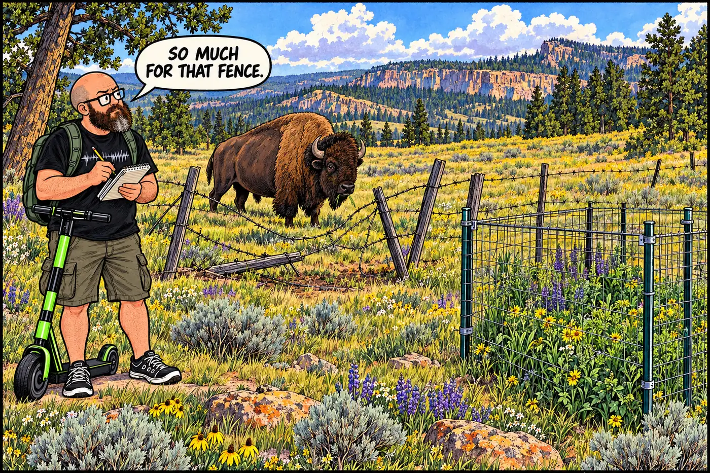 Bison face a sagging water-source fence while a researcher records observations from a small grazing exclosure