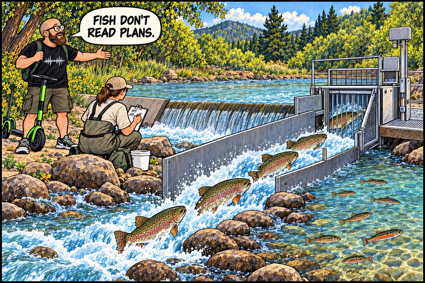 Schematic creek weir steers cartoon trout toward a research trap while small native fish pass through