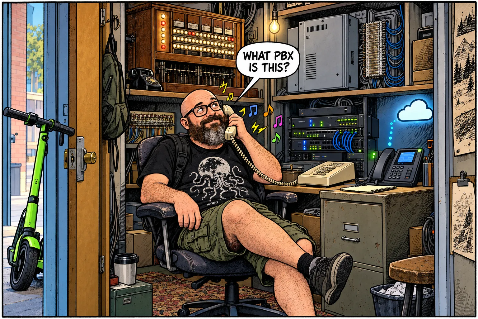 Cartoon of the ErrorZap host on hold in a phone closet surrounded by decades of phone system gear, asking 'What PBX is this?'