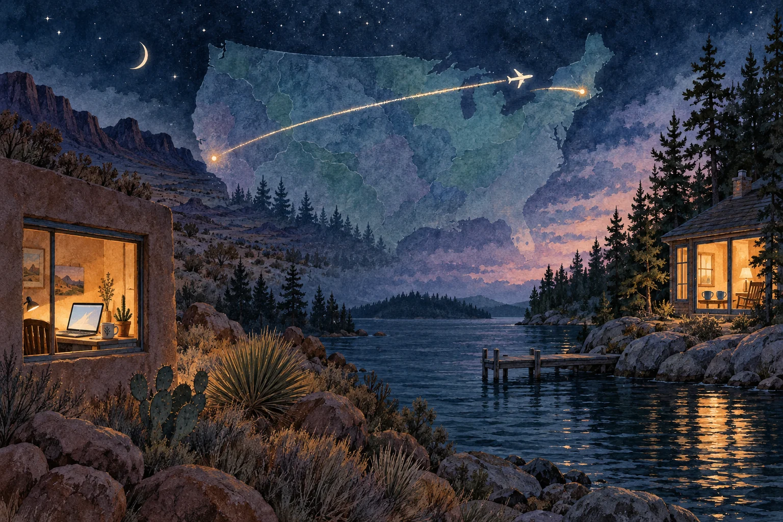 Watercolor showing a glowing airplane route from a Colorado desert home to a Maine lake house