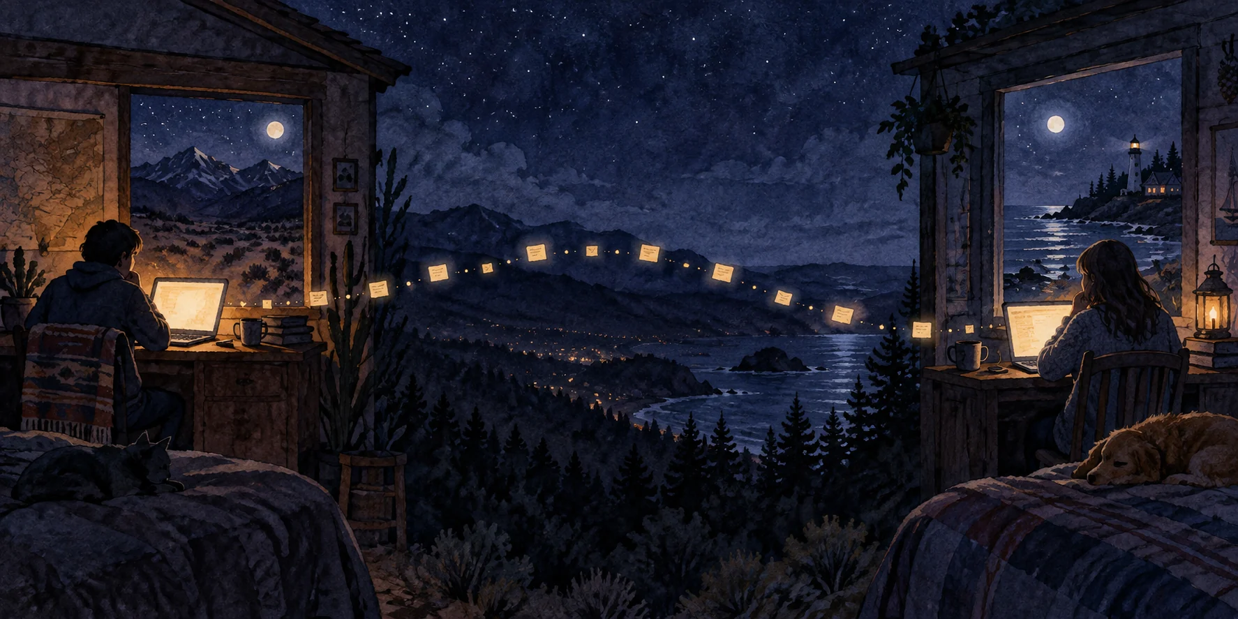 Watercolor of two people writing at laptops at night, connected by glowing messages between Colorado mountains and the Maine coast