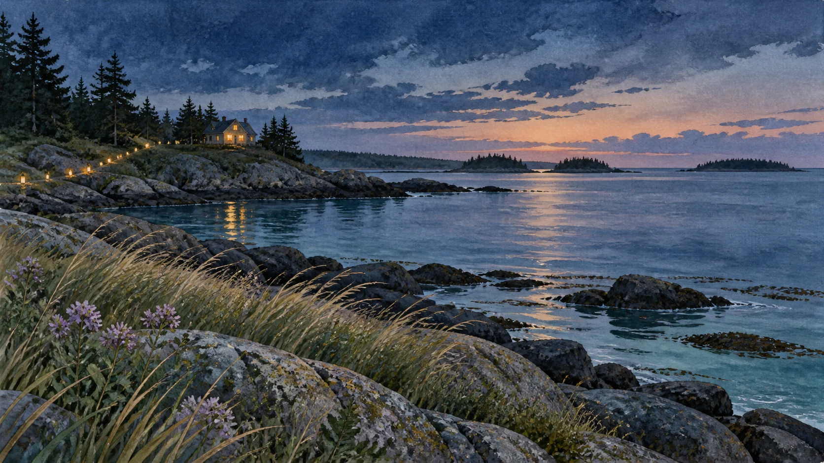 Watercolor of a quiet Maine shore at dusk, lavender flowers, and lights leading to a warm house