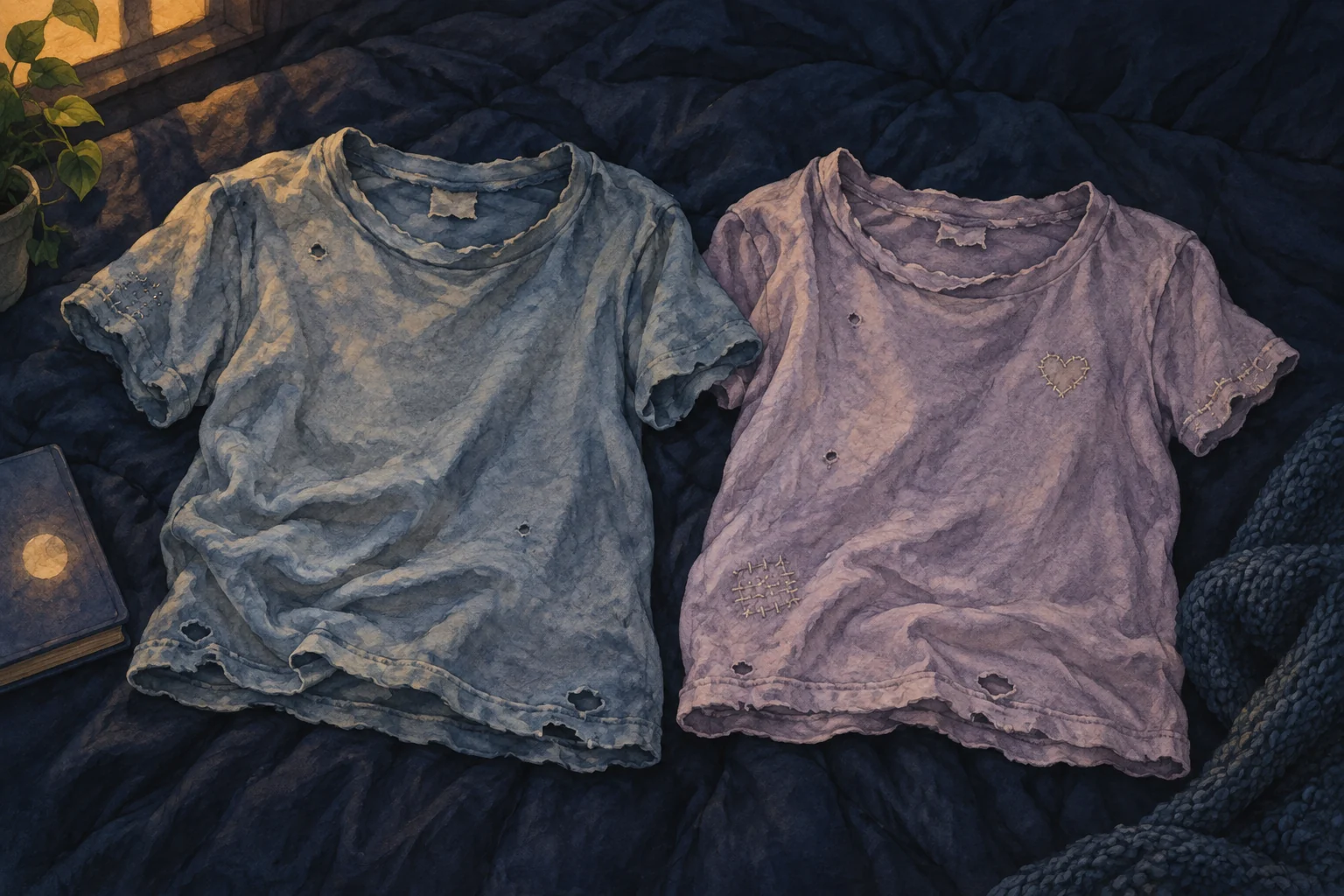 Watercolor of two old, soft shirts worn thin with holes, resting together on a dark blue bedspread