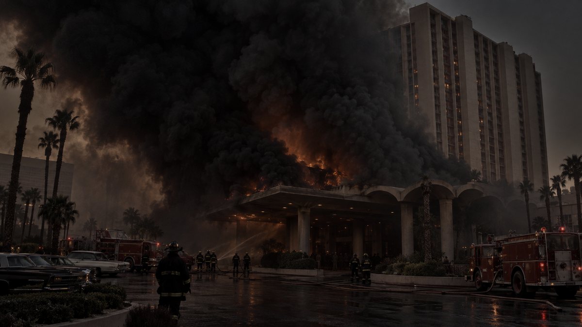 Illustration: black smoke rolls up from the burning entrance canopy of a 1970s Las Vegas hotel at dawn, the hotel tower behind it, fire engines small in the foreground.